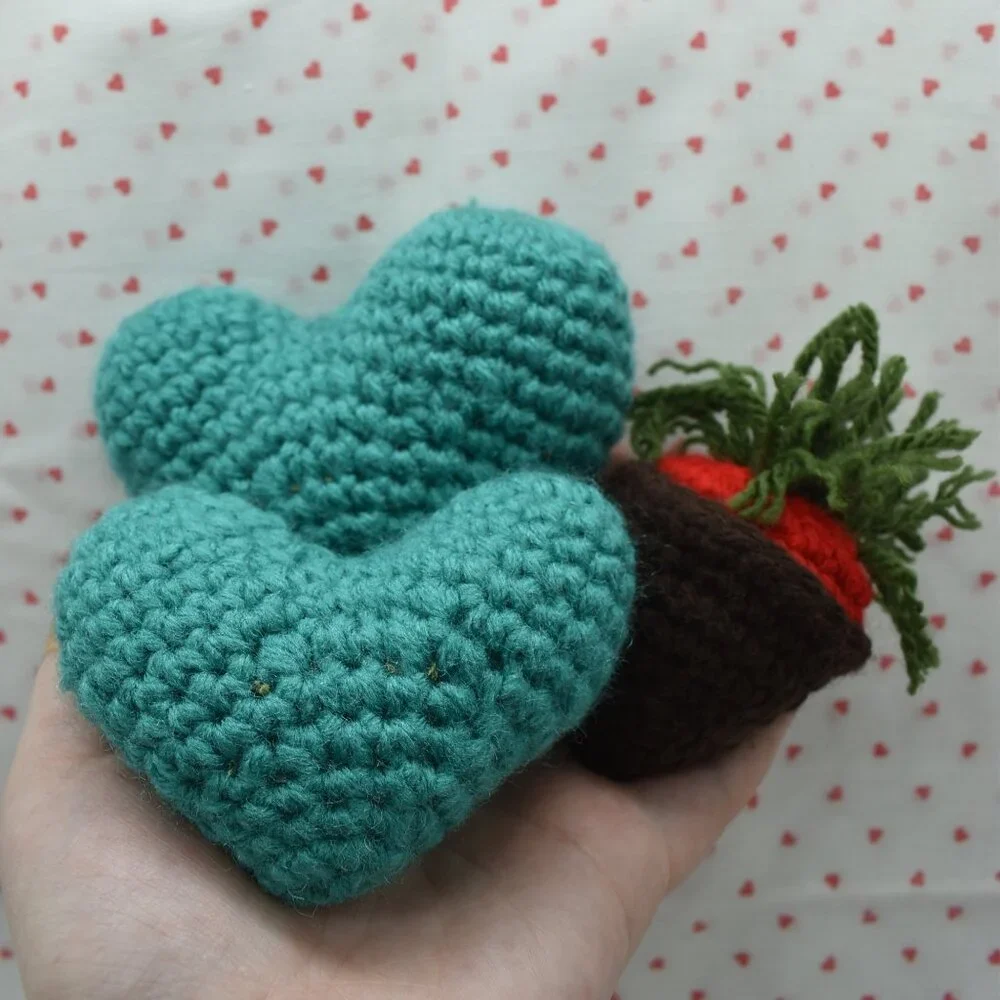 Crochet Catnip Valenties Day Cat Toys Hearts and Strawberry Bundle Set of Three